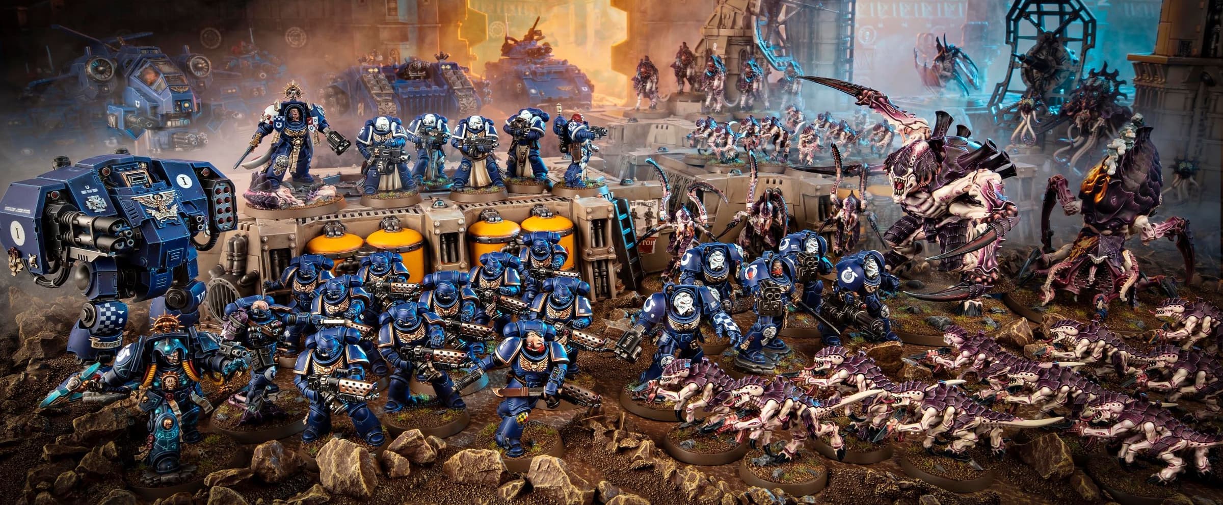 Warhammer 40K miniatures on a gaming table